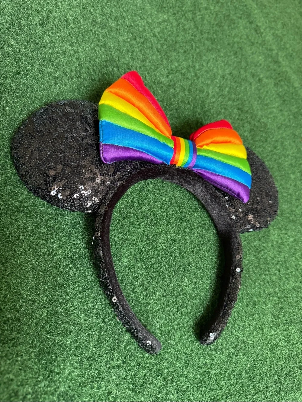 Disney Black Sequin Minnie Ears Headband with Rainbow Bow